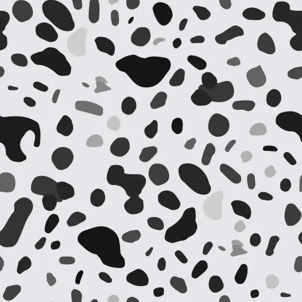 Vector illustration of Dalmatian abstract pattern. Random spots and blots of various shapes. Seamless pattern with geometric black shapes on white. The texture of the skin of wild animals, giraffe, cheetah, cow. Vector