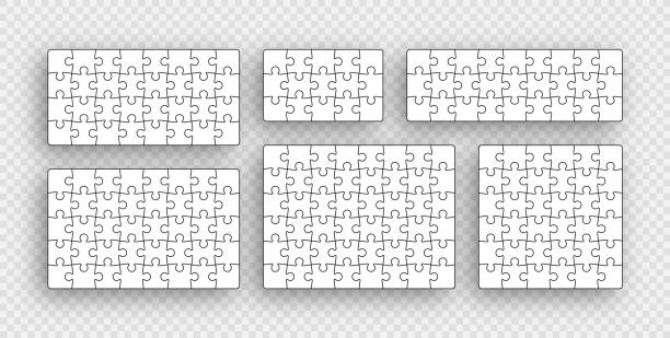Puzzle grid with pieces. Jigsaw thinking games. Vector illustration. Puzzle pieces. Jigsaw outline grids. Simple mosaic layout with separate shapes. Set of thinking games. Modern puzzle background. Collection laser cut frames. Vector illustration. number 36 stock illustrations