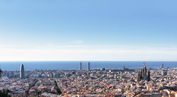 Barcelona city skyline with Mediterranean sea and blue sky - Spain. Barcelona city skyline with Mediterranean sea and blue sky - Spain barcelona skyline stock pictures, royalty-free photos & images