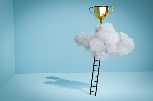 3d illustation render. Stepladder into clouds, entrepreneur business success concept.