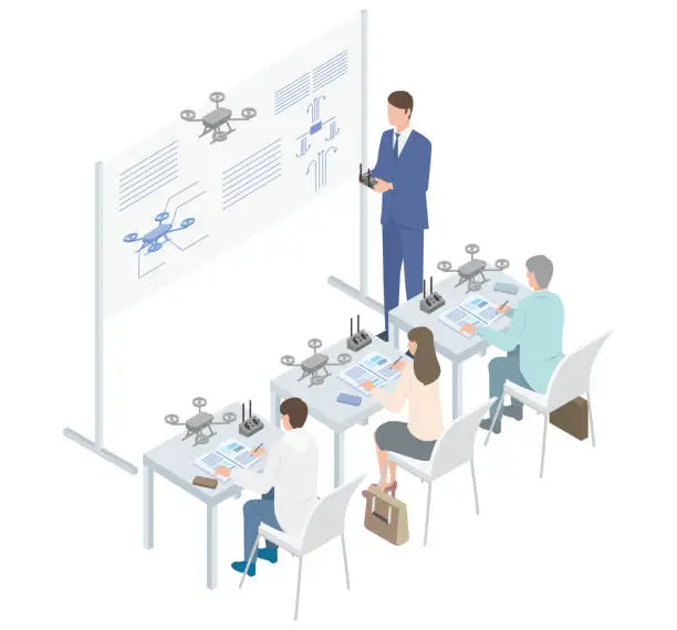 Vector illustration of Isometric illustrations of male and female teachers attending school to qualify as drone pilots