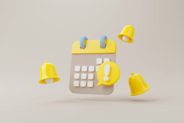 istock Yellow notification bell ringing and calendar deadline on brown background. 3d rendering illustration 1382672260