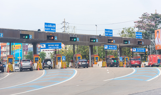Bangkok,Thailand,Feb15 ,2022-high way toll gate with car jam in Thailand