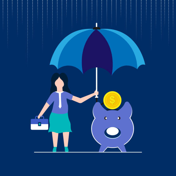 ilustraciones, imágenes clip art, dibujos animados e iconos de stock de alcancía de protección a mano - empresaria - protection insurance dark rain