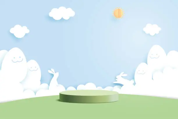 Vector illustration of Happy Easter background.Paper art of easter eggs and rabbit with cloud shape on blue sky background.Product display podium mockup, Banner template design.Vector illustration.