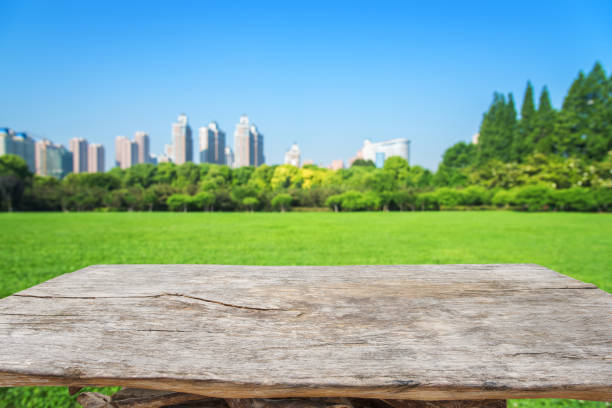 empty wooden table and city park with modern skyscrapers background - construction platform wood nature contemporary imagens e fotografias de stock