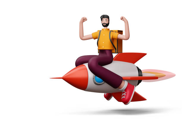 istock Delivery man riding rocket with delivery box, 3d rendering 1382704325