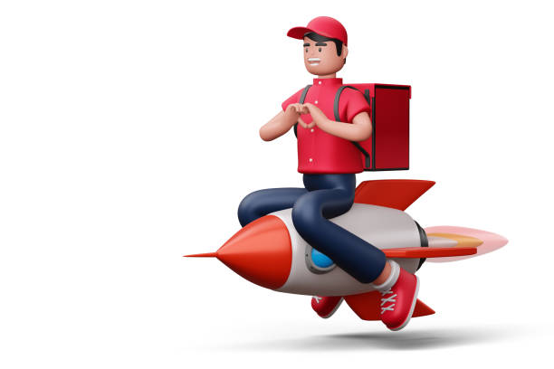 istock Delivery man riding rocket with delivery box, 3d rendering 1382704326