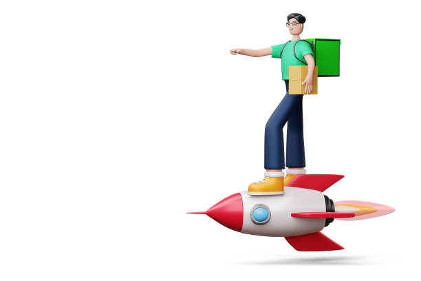 Delivery man riding rocket with delivery box, 3d rendering