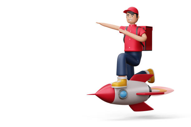 istock Delivery man riding rocket with delivery box, 3d rendering 1382704399