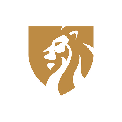 Lion shield logo design, lion head silhouette and shield crest heraldry vector icon