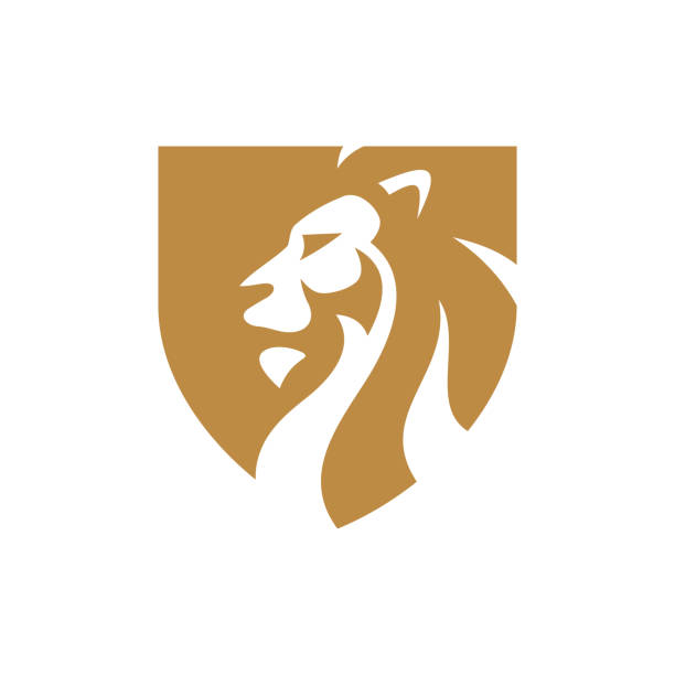Lion shield logo design, lion head silhouette and shield crest heraldry vector icon Lion shield logo design, lion head silhouette and shield crest heraldry vector icon lion stock illustrations
