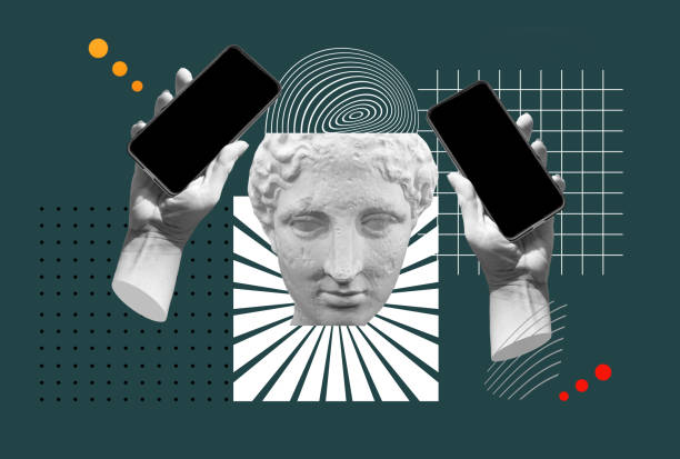 istock Statue holding modern blank frameless screen smartphone in a palm. 1382706735
