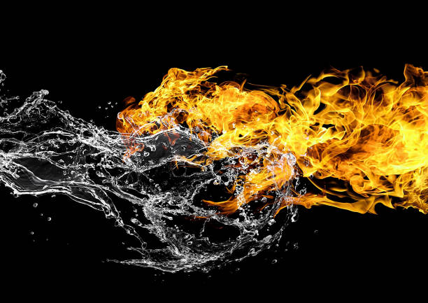 istock 3D illustration of fire and water confronting each other 1382706773