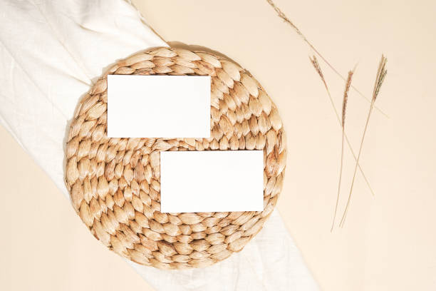 istock rustic blank cards on a fabric. a layout composition for a copy space background. minimalist flat lay mockup. 1382707364