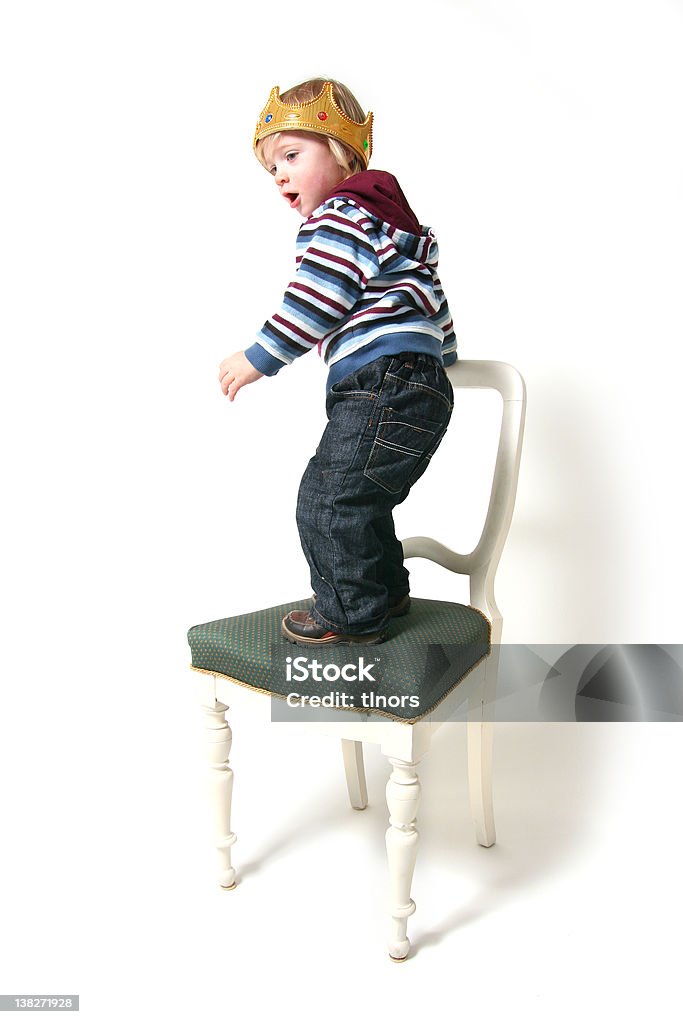child king isolated Child is king. toddler with crown isolated on white symbol for ruler 12-17 Months Stock Photo