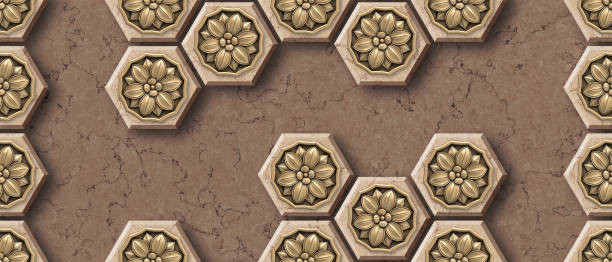 Golden flower Digital wall tiles design with Hexagonal honeycomb pattern Print in Ceramic Industries in wall decor design. wall art