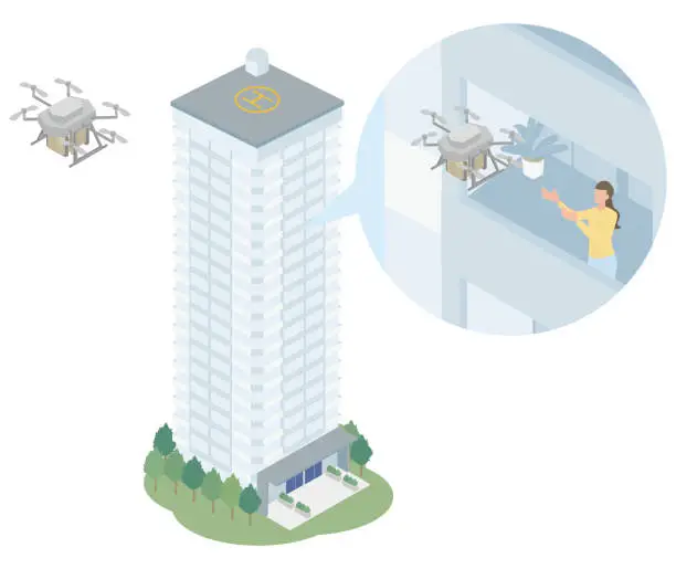 Vector illustration of A drone that carries luggage to a female resident living in a tower apartment