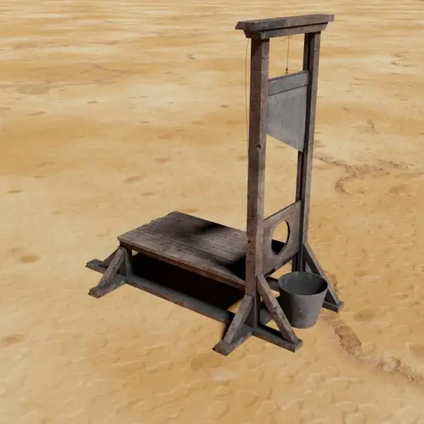 3d computer rendered illustration of a man walking by a guillotine