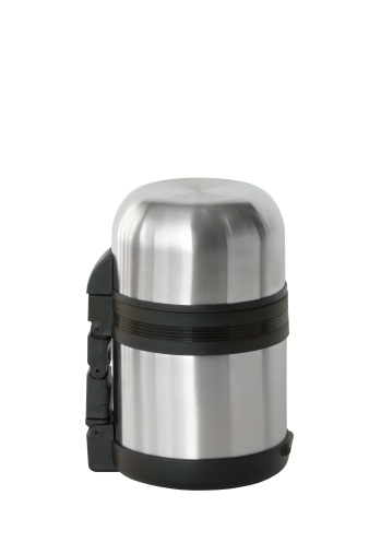 Metal thermos bottle, stainless steel, isolated on a white background.