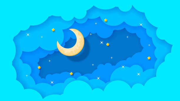 istock Abstract Sky Paper Cut Blue Background With Moon, Clouds And Stars Vector Design Style Nature 1382751801