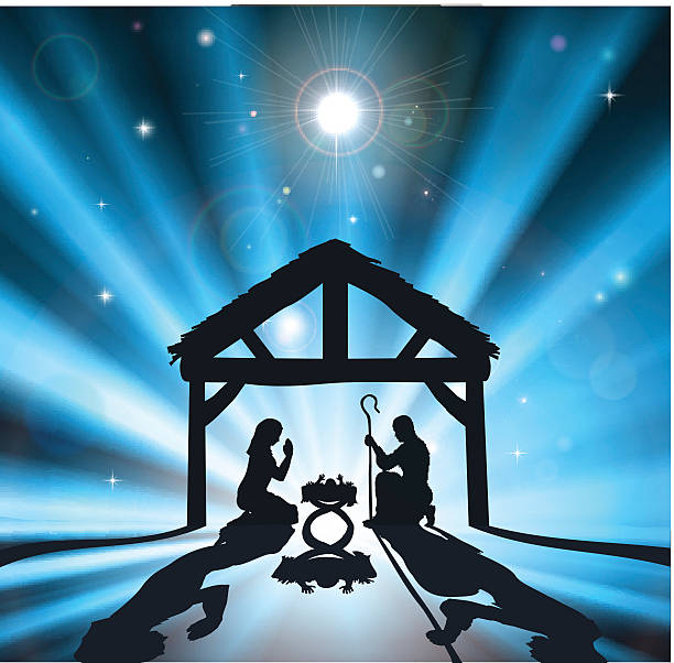 The Christmas Nativity Christian Christmas nativity scene of baby Jesus in the manger with the virgin Mary and Joseph nativety stock illustrations