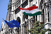 flags of the parliament building, Budapest, Hungary