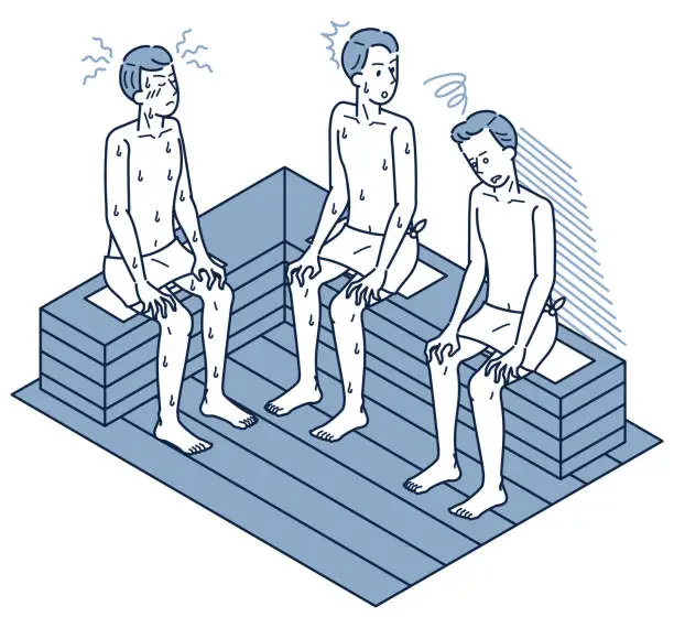 Vector illustration of Isometric illustration of a man who seems to be sick and a man who looks worried by overdoing it in the sauna