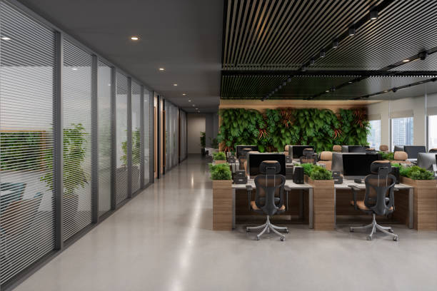 Eco-Friendly Modern Open Plan Office Interior With Tables, Office Chairs, Meeting Room And Vertical Garden Eco-Friendly Modern Open Plan Office Interior With Tables, Office Chairs, Meeting Room And Vertical Garden corporate boardroom stock pictures, royalty-free photos & images