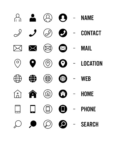 Business card icons. Name, Contact, Mail, Location, Web, Home, Phone, Search icon