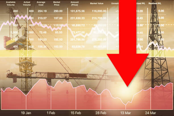istock Stock financial image show graph and chart symbol with red arrow down on construction equipment imply economics down investment on industrial business. 1382783928