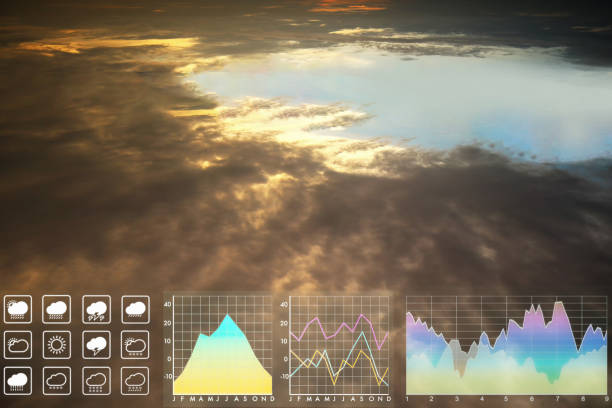 istock Environment data symbol forecast for meteorology presentation and report background on twilight sky and storm  clouds with open blue sky view from aircraft. 1382783929