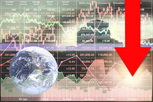 Inflation impact crisis on global stock financial index show big red arrow down on graph and chart background with earth (from NASA image https://www.nasa.gov/content/blue-marble-image-of-the-earth-from-apollo-17 ) and silhouette city image for business presentation report .