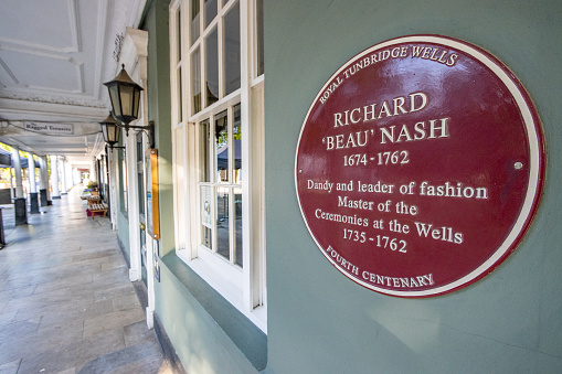 Memorial Plaque to Richard 'Beau' Nash (1674-1762) on The Pantiles at Royal Tunbridge Wells in Kent, England. The Pantiles is an historic district.