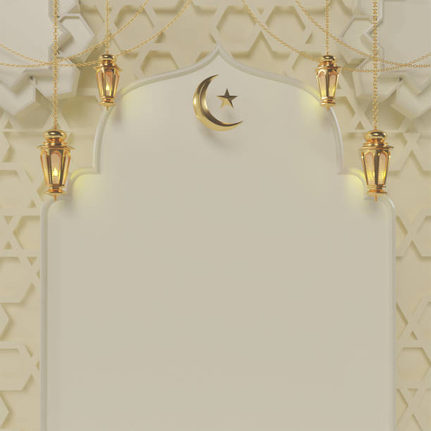 Ramadan Kareem greeting template with arabic lanterns on the background for advertising products and banner  - 3d rendering illustration for cards, greetings. stock photo