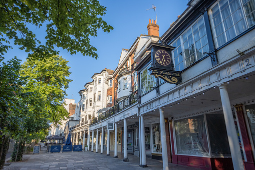 The Pantiles Clock on The Pantiles at Royal Tunbridge Wells in Kent, England, with shops visible.