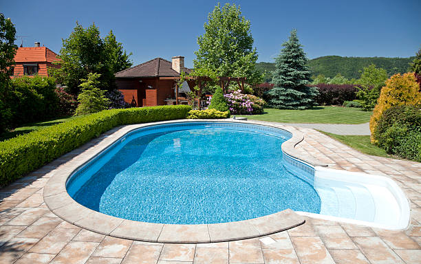 Stone and concrete swimming pool in suburban backyard of NY stock photo