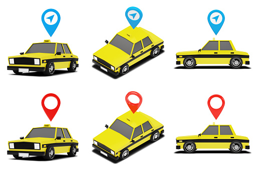 Taxi with map pin icon in cute cartoon style.