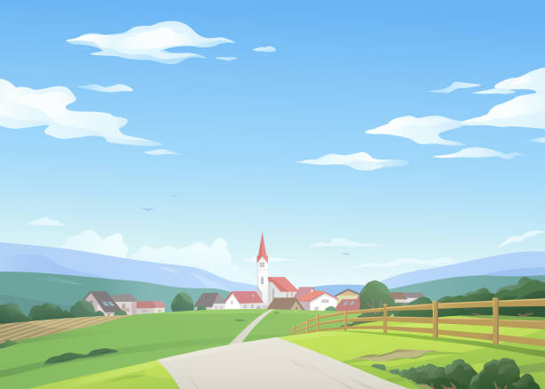 straße zu einem kleinen dorf - town village panoramic green stock-grafiken, -clipart, -cartoons und -symbole