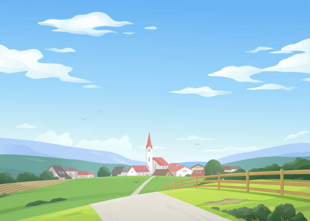 illustrazioni stock, clip art, cartoni animati e icone di tendenza di strada per un piccolo villaggio - town village hill panoramic