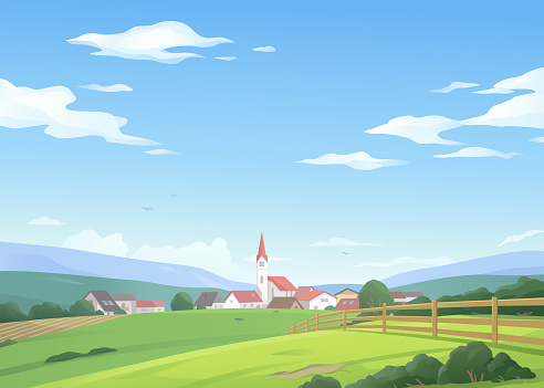 A village or small town in a beautiful idyllic rural landscape. Vector illustration with space for text.