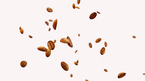 Many brown coffee beans on white background float due to falling to the ground and bouncing up. 3D rendering coffee beans. Isolated