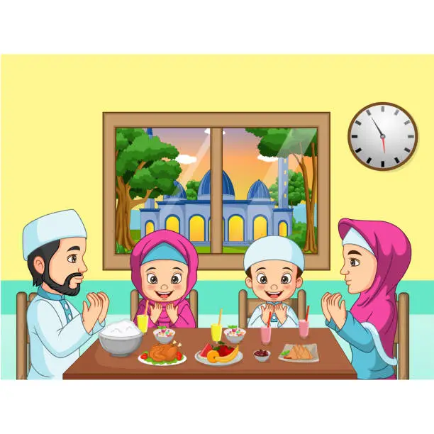Vector illustration of Muslim family praying together before Iftar