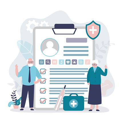 Elderly couple underwent complete medical examination. Clipboard with complete information on check up results and patients analyzes. Concept of healthcare and medicine. Flat vector illustration