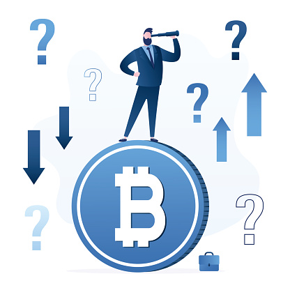 Male investor or trader standing on big bitcoin and watch in spyglass. Questions about cryptocurrency rate, future growth or fall of coin. Making profit from blockchain technology. Vector illustration