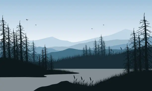 Vector illustration of Great mountain view with pine tree silhouette from the lakeside