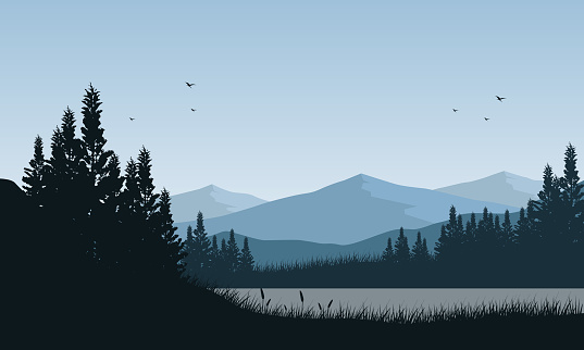 Beautiful view of the mountains by the lake with the silhouette of the pine trees around it.Vector illustration of a city