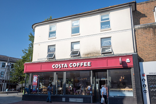 Costa Coffee on Grosvenor Road at Royal Tunbridge Wells in Kent, England, with people in and around the shop.