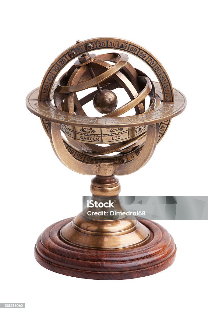 Antique brass Sfera armillare su un supporto di legno - Foto stock royalty-free di Equatore - Latitudine