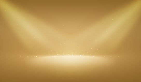 Fondo abstracto brillo de luz dorada espectáculo escenario de brillo brillante escena dorada telón de fondo de lujo o brillo vacío podio premio celebración y brillo estudio de exhibición bokeh en papel tapiz glamuroso. photo